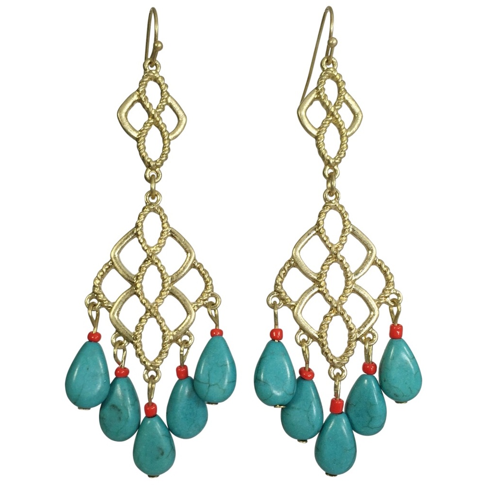 Long Gold Tone Filigree Turquoise Stone Statement Dangle Earrings